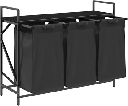 Wasmand – Laundry Basket – Wasbak – Wasbox – Laundry Hamper – 3 Compartiments – Zwart Eikenhout – Stalen Frame – Met Opbergrek