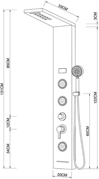 Douchepaneel Shine staal 4 functies LED-licht display temperatuureffect regen waterval antikalk (geborsteld chroom)