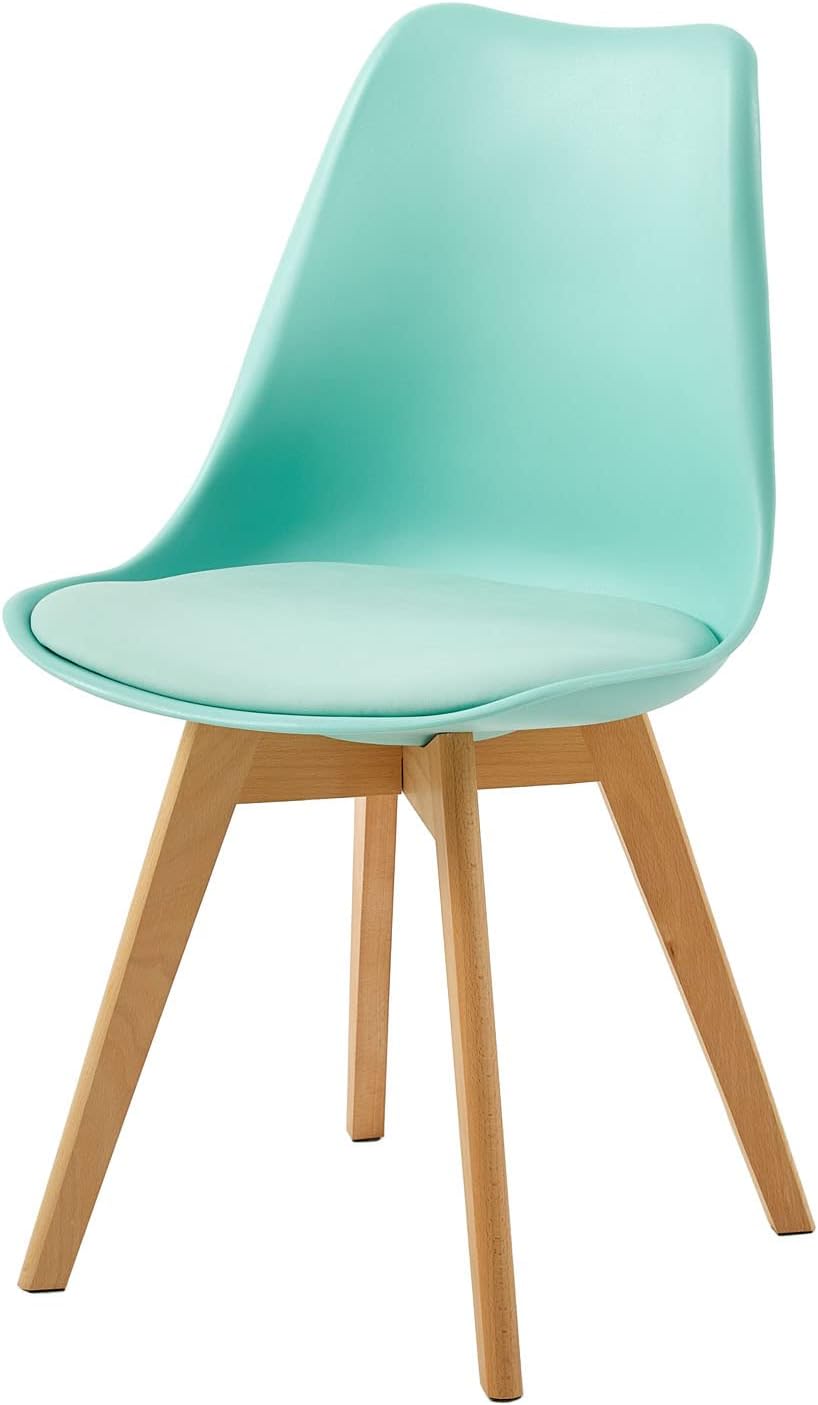 EGGREE Scandinavische eetkamerstoel, SGS-getest, gestoffeerde keukenstoel, retro-bureaustoel met poten van massief beukenhout, roze fumé + turquoise + mintgroen + paarsgrijs, set van 4 stoelen
