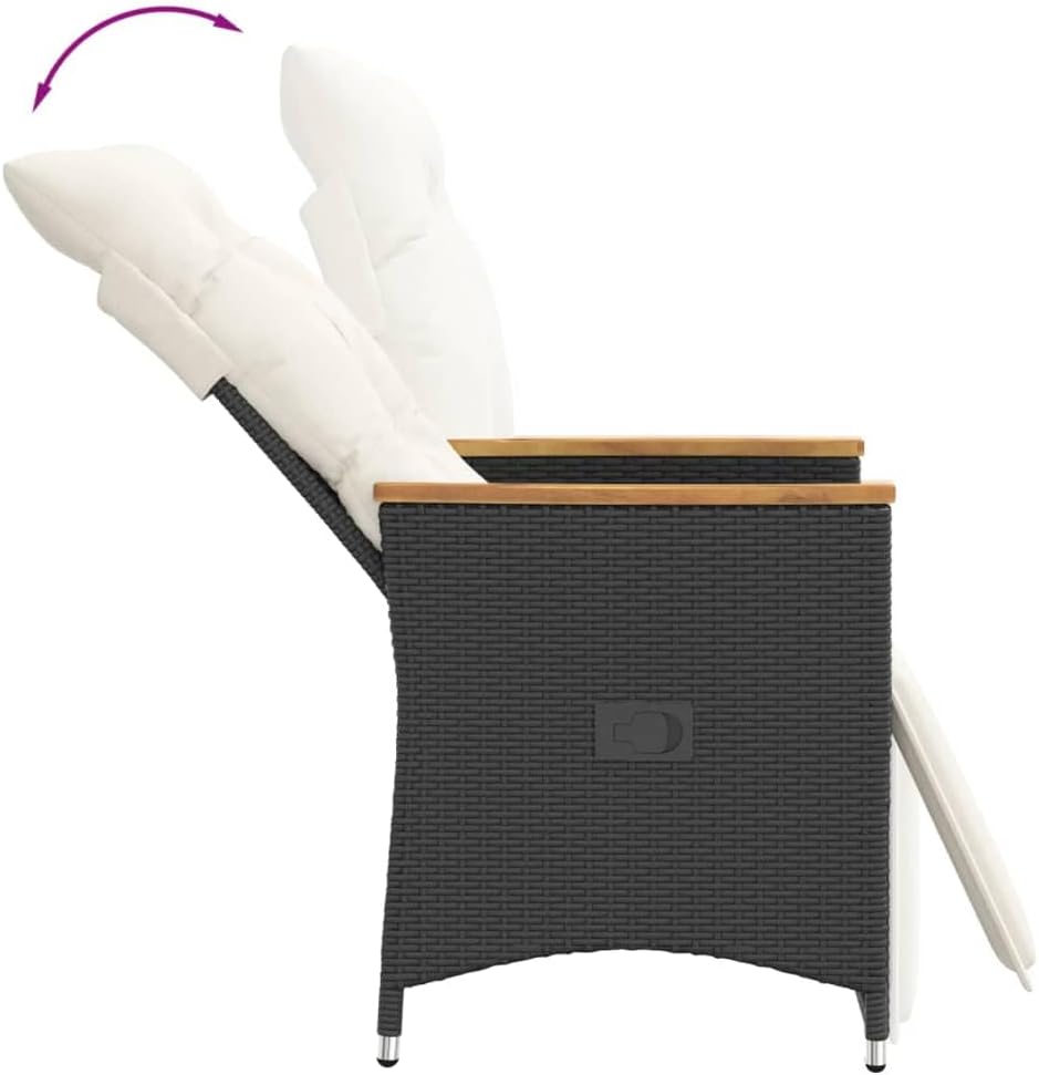 Loungestoel – Tuinstoel – Loungefauteuil – Buitenstoel – Terrasstoel – Verstelbare Rugleuning – Weerbestendig Poly Rattan Zwart met Crème Kussens