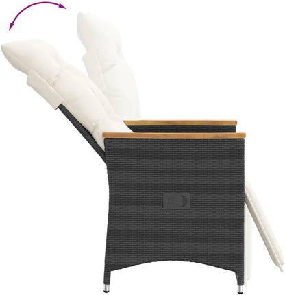 Loungestoel – Tuinstoel – Loungefauteuil – Buitenstoel – Terrasstoel – Verstelbare Rugleuning – Weerbestendig Poly Rattan Zwart met Crème Kussens