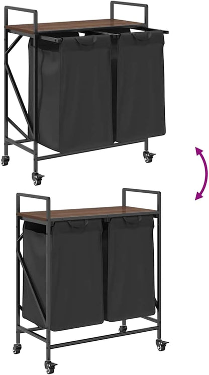 Wasmmand – Wasbak – Wascontainer – Waschmand – Wasbox – 3 Compartimenten – Sonoma Eikenhouten Plank – Uitneembare Waszakken – Wieltjes Met Rem - QUORE