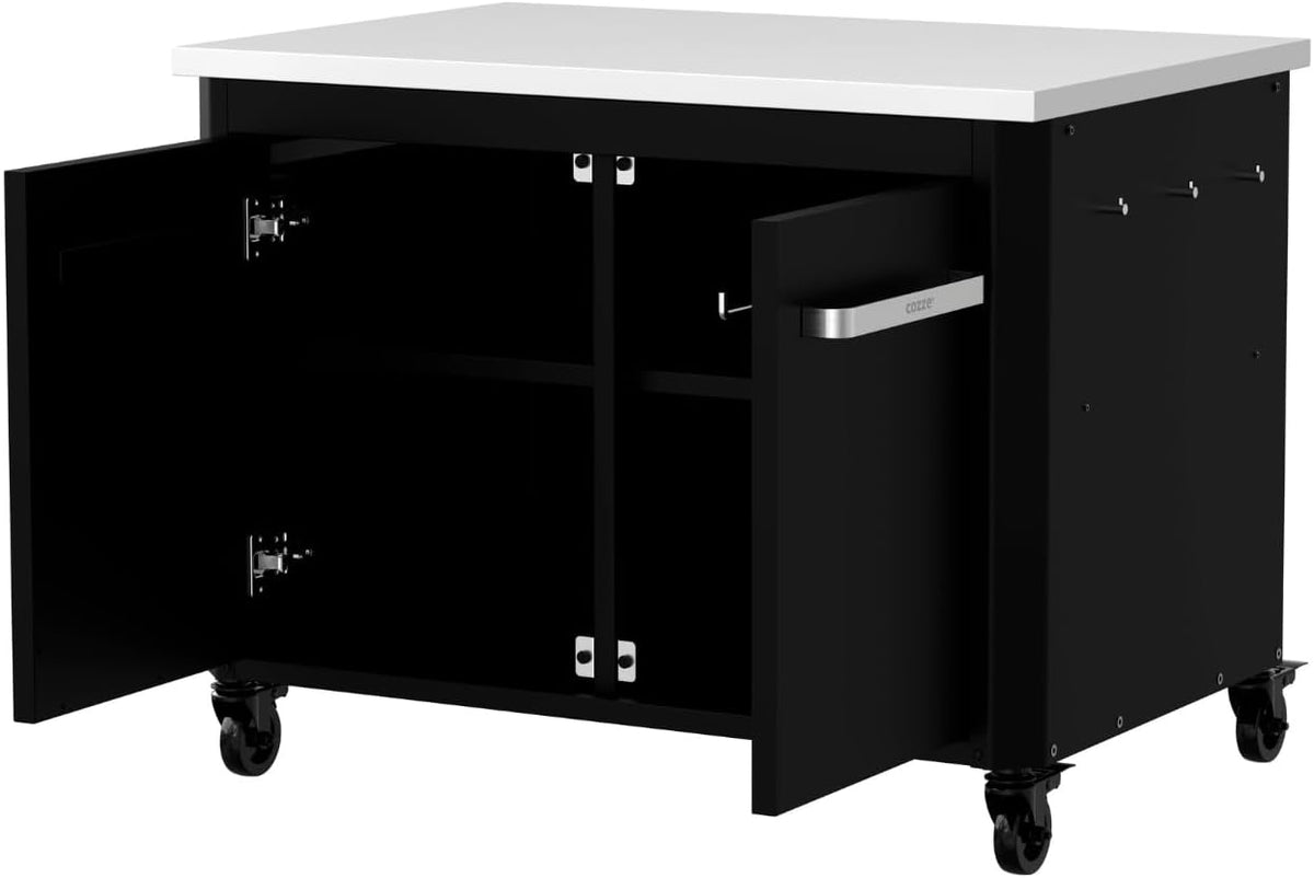 Cozze | Low outdoor kitchen H70 cm with stainless steel worktop | Ideal height for plancha | 2 doors | 2 shelves | 6 hooks | 4 wheels Ø75 mm | Powder coated steel | Load capacity 100 kg - QUORE