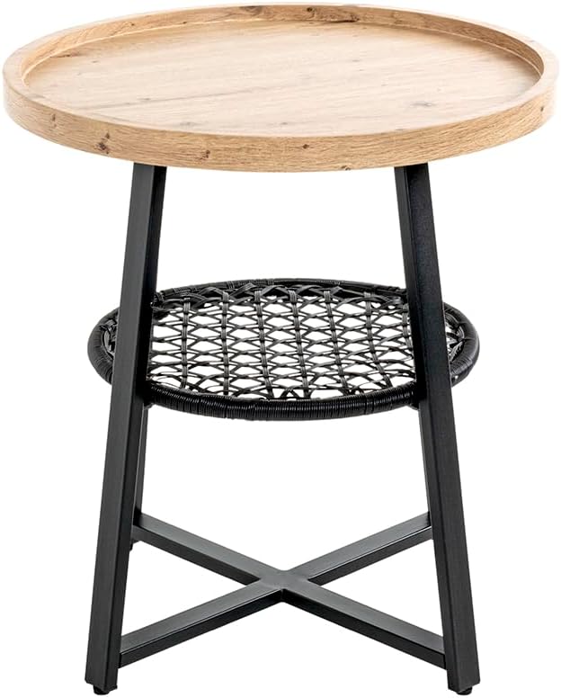 HAKU Bijzettafel, eiken, zwart, MDF, metaal, textielweefsel - afmetingen: H 55 x Ø 50 cm, stijl: modern
