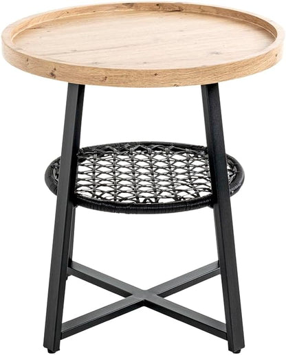 HAKU Bijzettafel, eiken, zwart, MDF, metaal, textielweefsel - afmetingen: H 55 x Ø 50 cm, stijl: modern