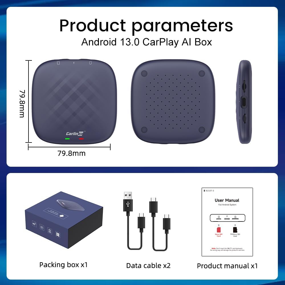 CarlinKit Android 13 CarPlay AI BOX, 8 GB + 128 GB, Snapdragon QCM 6125, ondersteuning voor draadloze CarPlay/draadloze Android Auto, Google Play Store, Netflix, YouTube online