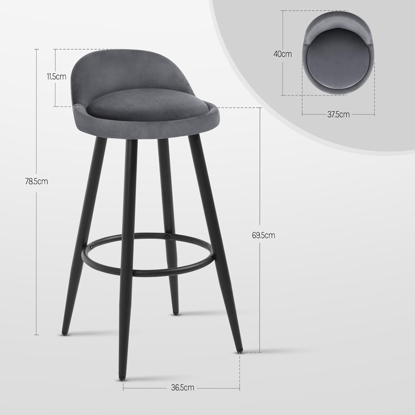 Barkruk Set van 2 - Stoel - Kleine stoel - Keukenstoel - 37,5 cm x 34 cm - Donkergris - QUORE