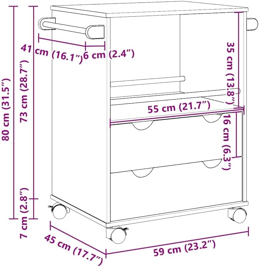 Keukentrolley – Keukenwagen – Serveerwagen – Opbergwagen – Rolwagen – Massief Grenenhout – 59x45x80 cm – Verrijdbaar Met Remmen