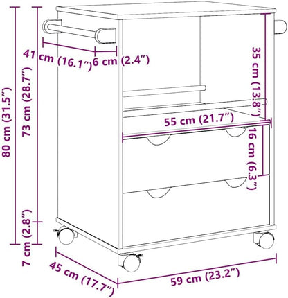 Keukentrolley – Keukenwagen – Serveerwagen – Opbergwagen – Rolwagen – Massief Grenenhout – 59x45x80 cm – Verrijdbaar Met Remmen