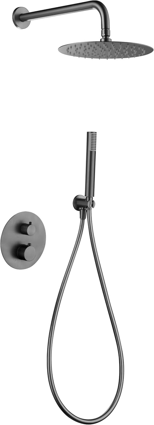 Thermostatische Douche Set – Douchekraan – Regendouche – Handdouche – Badkamerkraan – Zwart Gun Metal – 25 cm Platte Douchekop – Thermostaatkraan Met Temperatuurbeveiliging