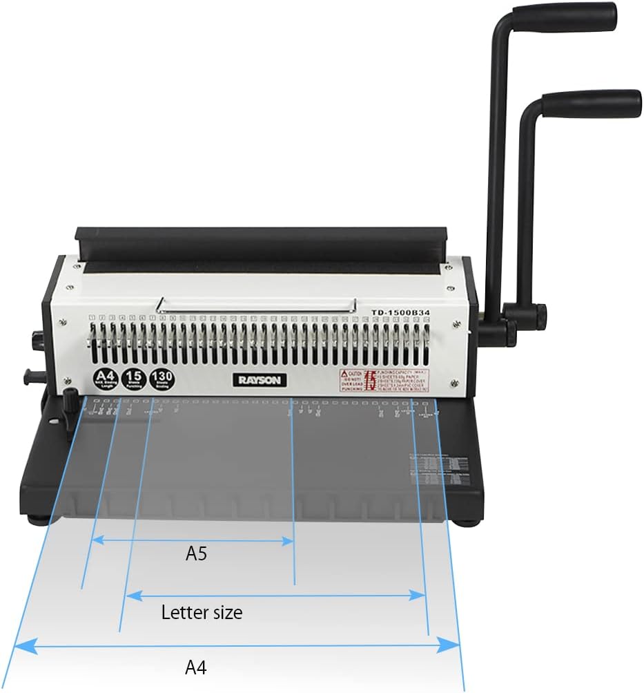RAYSON TD-1500B34 Metaaldraad bindmachine – 3:1 ponsafstand, 34 gaten, perforeert 15 A4-bladzijden, bindt tot 130 pagina’s, Aanpasbaar ponsmes