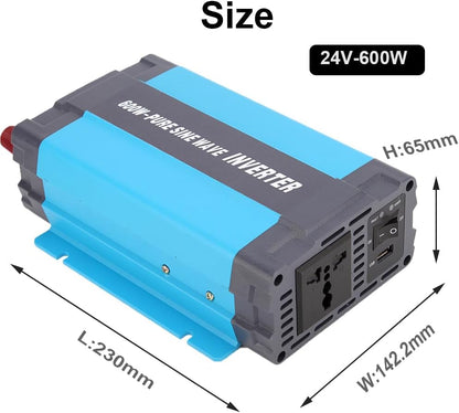 SolaMr 600W Power Inverter Pure Sine Wave 24V DC naar 220/230/240V AC Converter met USB 1 A oplaadpoorten en AC-uitgangen voor in het voertuig gemonteerde systemen en thuissystemen - 600W
