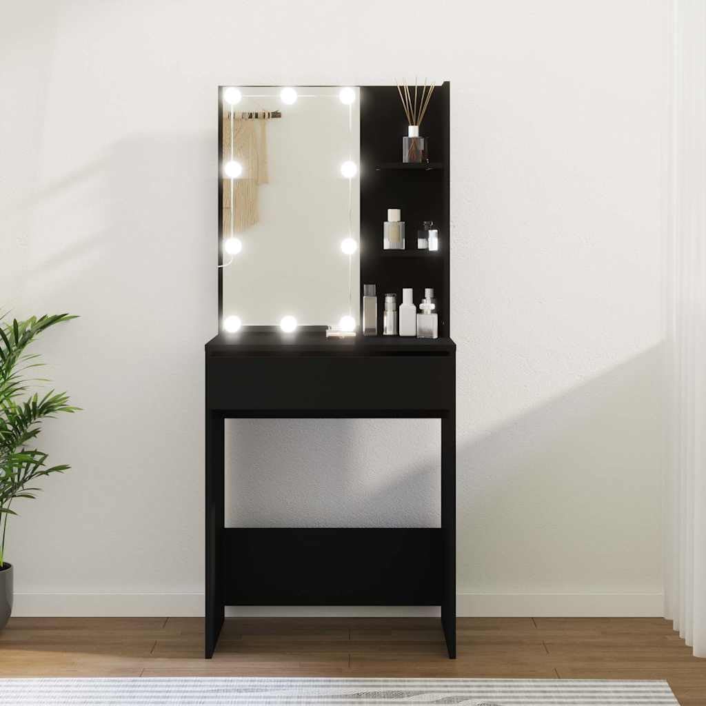 Kaptafel – Make-up Tafel – Wandtafel – Schoonheidstafel – Toilettafel – Zwart – LED-verlichting Rondom Spiegel – Compact 60x40x140 cm