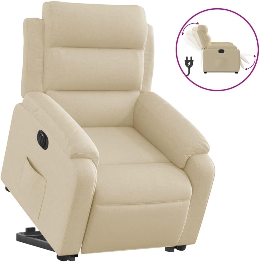 Relaxstoel Met Opstahulp – Elektrische Relaxstoel – Tv-Stoel – Ligstoel – Enkel Ligstoel – Crème Stof – Elektrisch Kantelsysteem – Max 110 Kg Draagvermogen