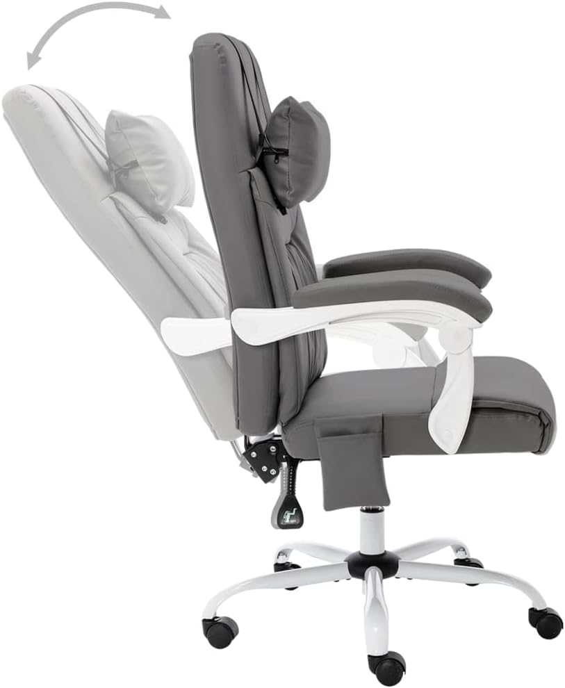Ergonomische Bureaustoel – Kantoostoel – Werkstoel – Gamerstoel – Draaistoel – Massagefunctie – Verstelbare Kantelbare Rugleuning – Grijs Kunstleer – Nekkussen