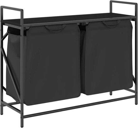 Wasmand – Laundry Basket – Wasbox – Wasopberger – Waszakken – Met Twee Compartimenten – Bovenste Opbergrek – Zwart Stalen Frame – Eiken Houtlook