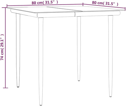 Tidyard Set of 3 Dining Room Garden Poly Rattan Black and Steel Glass Table Set 80 cm and 2 Chairs with Armrests for Outdoor, Table and Chairs for Garden, Patio, Outdoor - QUORE