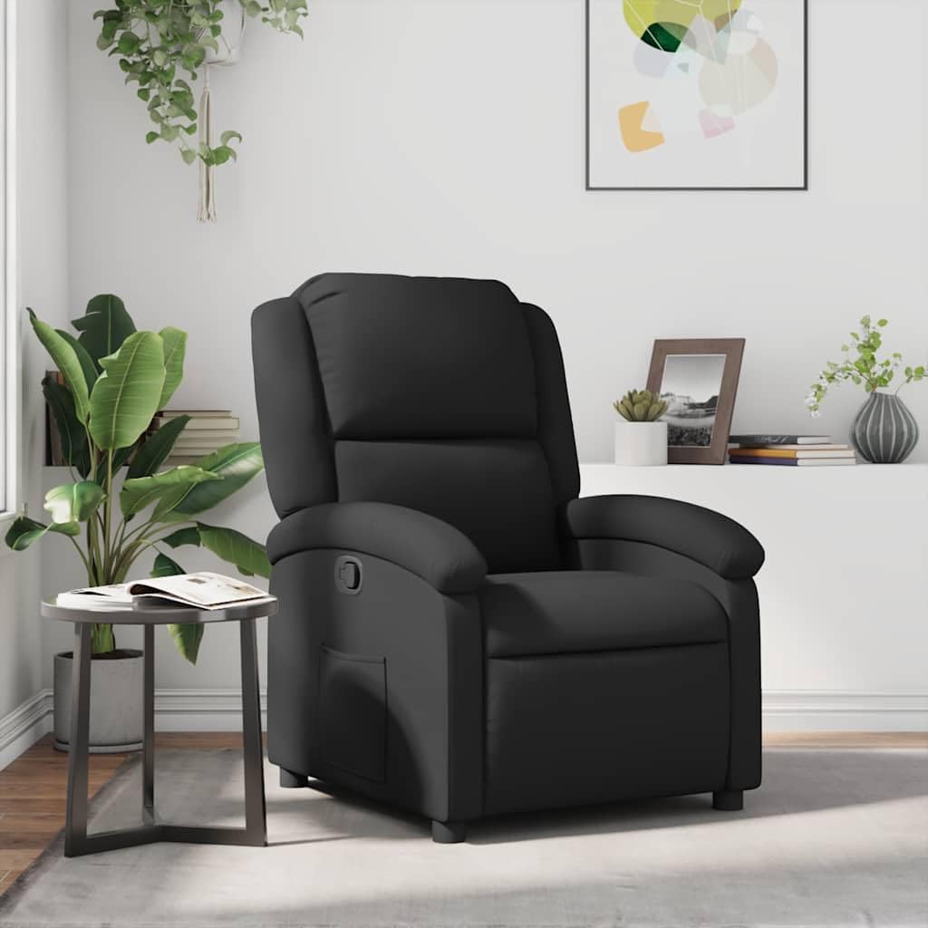 Relaxstoel – Tv-Stoel – Ligstoel – Fauteuil – Loungechair – Echt Zwart Leer – Handmatige Ligfunctie – Stevig Frame