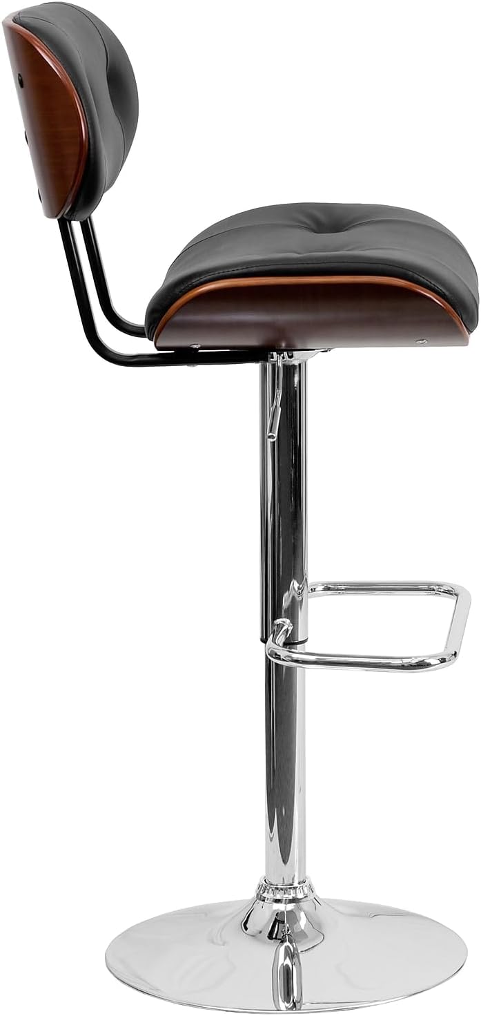 Flash Furniture Barkruk van walnoothout met verstelbare hoogte en met knopen gewatteerde zwarte vinyl bekleding