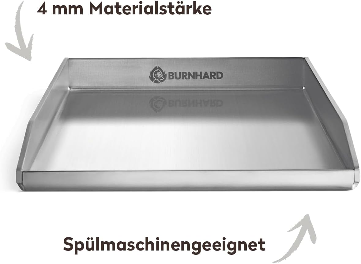 Plancha Grillplaat BURNHARD® RVS 4mm, opstaande rand 3,5cm, geïntegreerde vetafvoer, roestvrij, vaatwasserbestendig – FRED EARL