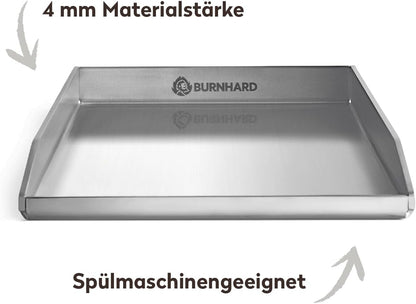 Plancha Grillplaat BURNHARD® RVS 4mm, opstaande rand 3,5cm, geïntegreerde vetafvoer, roestvrij, vaatwasserbestendig – FRED EARL