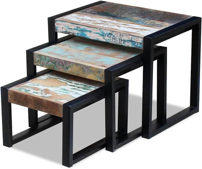 vidaXL 3x Side Table Solid Recycled Wood and Steel Frame Side Table