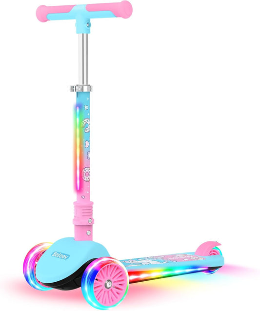 BELEEV Scooter voor kinderen van 3-12 jaar met lichtgevende wielen en deck, 3-wielige opvouwbare scooter voor peuters, meisjes, jongens, 4 verstelbare hoogte, antislippatroondek, lichtgewicht scooter - QUORE
