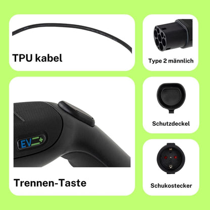 EV + Type 2 naar Schuko Adapter Oplaadkabel Laadkabel voor Elektrische Auto en PHEV, Type 2 IEC 62196 tot Schuko, Oplader Adapter Stekkerverbinding 1-fase 16A (3,6 kW) Zwart/Wit