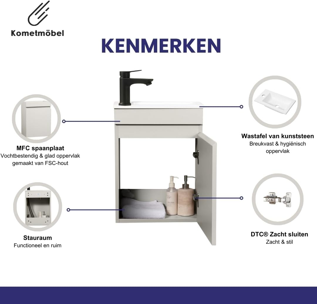 washbasin with base cabinet 40 cm pre-assembled small (cashmere, With mirror) - QUORE