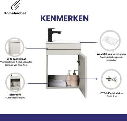 washbasin with base cabinet 40 cm pre-assembled small (cashmere, With mirror) - QUORE
