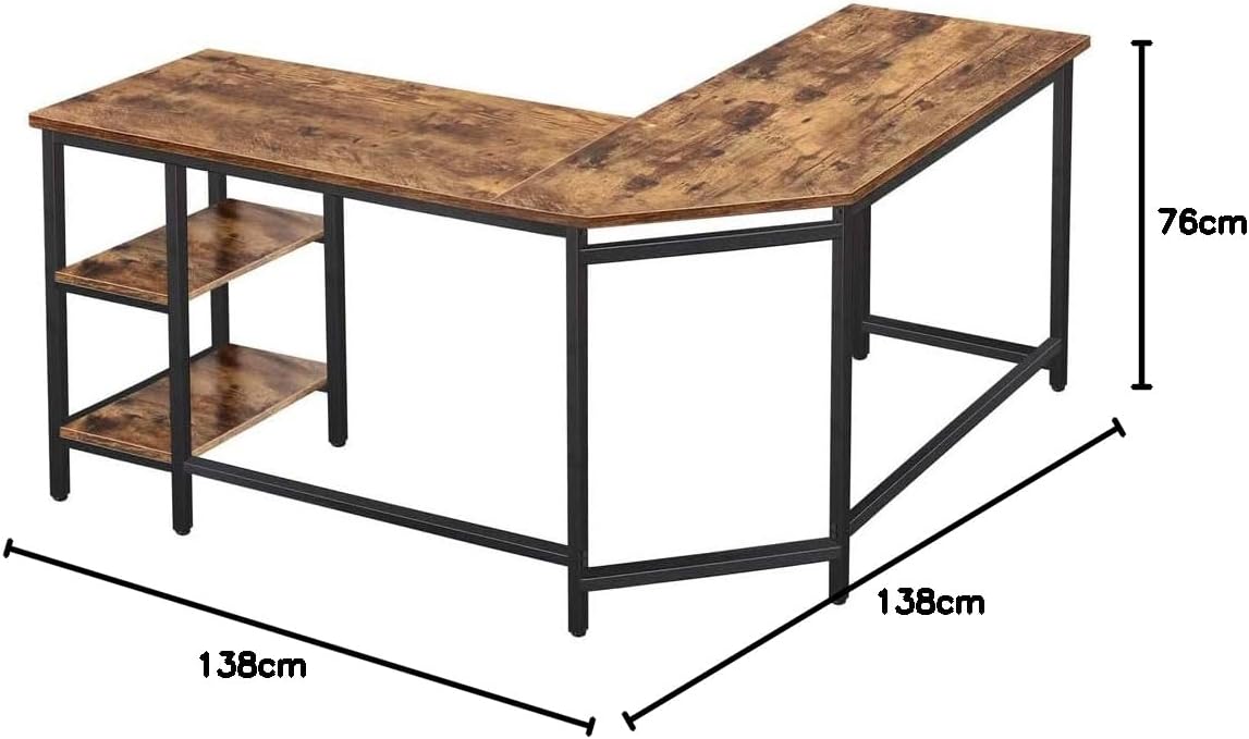 BAKAJI L-vormig hoekbureau met boekenkast met 2 planken, werktafel voor pc, frame van zwart metaal en tafelblad van hout in antieke look, kantoorinrichting, industriële stijl