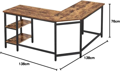 BAKAJI L-vormig hoekbureau met boekenkast met 2 planken, werktafel voor pc, frame van zwart metaal en tafelblad van hout in antieke look, kantoorinrichting, industriële stijl