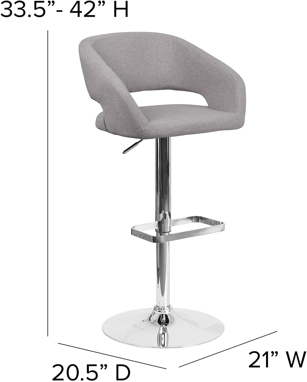 Flash Furniture Barkruk, modern, grijze stof, in hoogte verstelbaar, met afgeronde middelhoge rugleuning en chromen basis, 107 x 53 x 52 cm