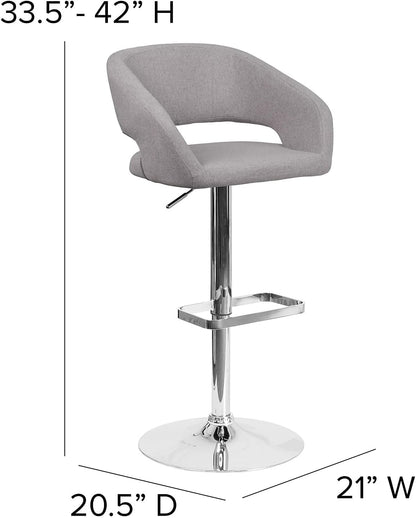 Flash Furniture Barkruk, modern, grijze stof, in hoogte verstelbaar, met afgeronde middelhoge rugleuning en chromen basis, 107 x 53 x 52 cm