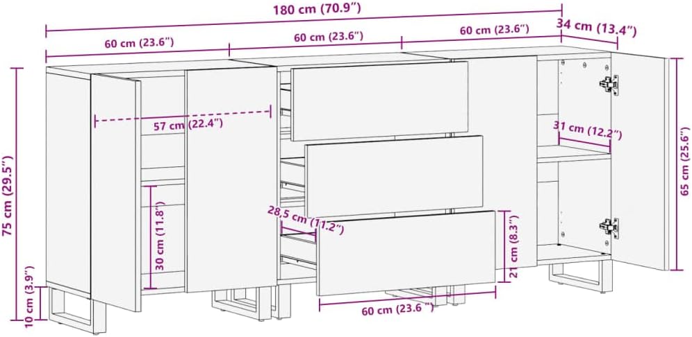 Dressoir – Sideboard – Opbergkast – Ladekast – Wandkast – Massief Acaciahout – Stalen Frame – 60x34x75 cm – Set Van 3