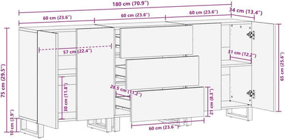 Dressoir – Sideboard – Opbergkast – Ladekast – Wandkast – Massief Acaciahout – Stalen Frame – 60x34x75 cm – Set Van 3
