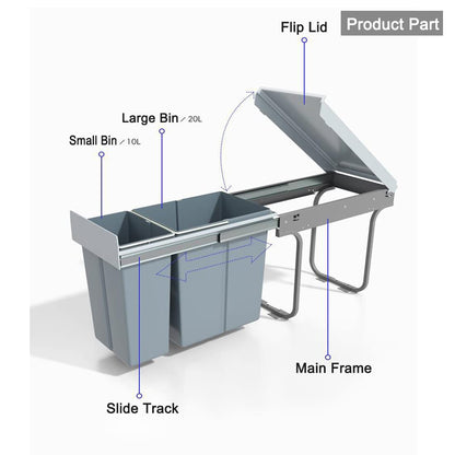 Nisorpa Trek Keuken Afvalbak 10L + 20L Recycling Keuken Kast Kast Vuilnisbakken Afvalcontainers Sluit Vuilnisbak met twee compartimenten voor Afval Sorteren 480x260x418mm Grijs