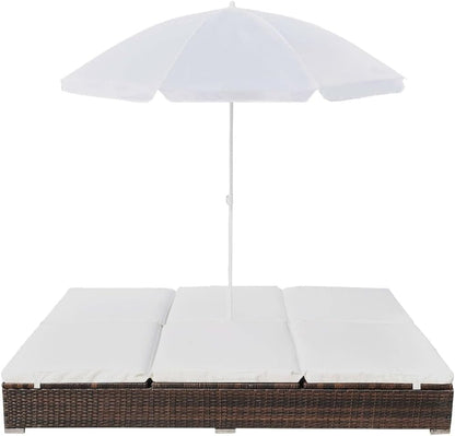 vidaXL Lounge Bed with Parasol Sun Lounger Garden Bed Chair Lounger Garden Furniture Outdoor Furniture Furniture Garden Lounge Furniture Poly Rattan Brown - QUORE
