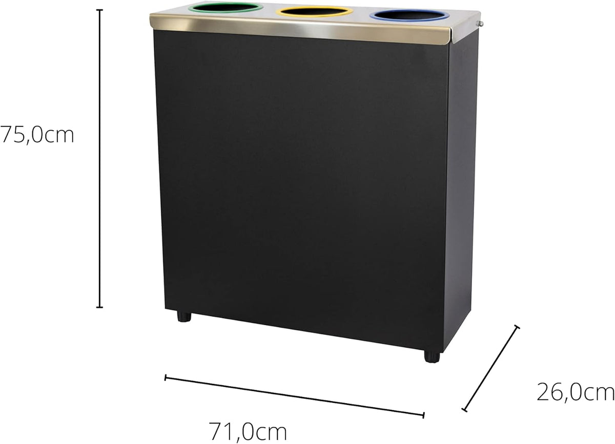 OFITURIA® Selective recycling waste bin, metal, capacity: 135 l, black, 3 compartments for waste - QUORE