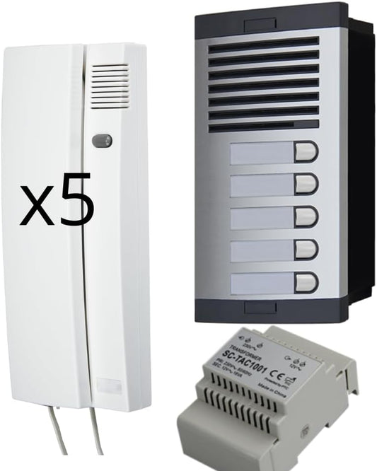 Automatische deurintercom met analoog systeem 4+n, voor gemeenschappen, compleet: straatbord, telefoons, inbouwdoos en voeding. Hoge kwaliteit van productie (5 appartementen)