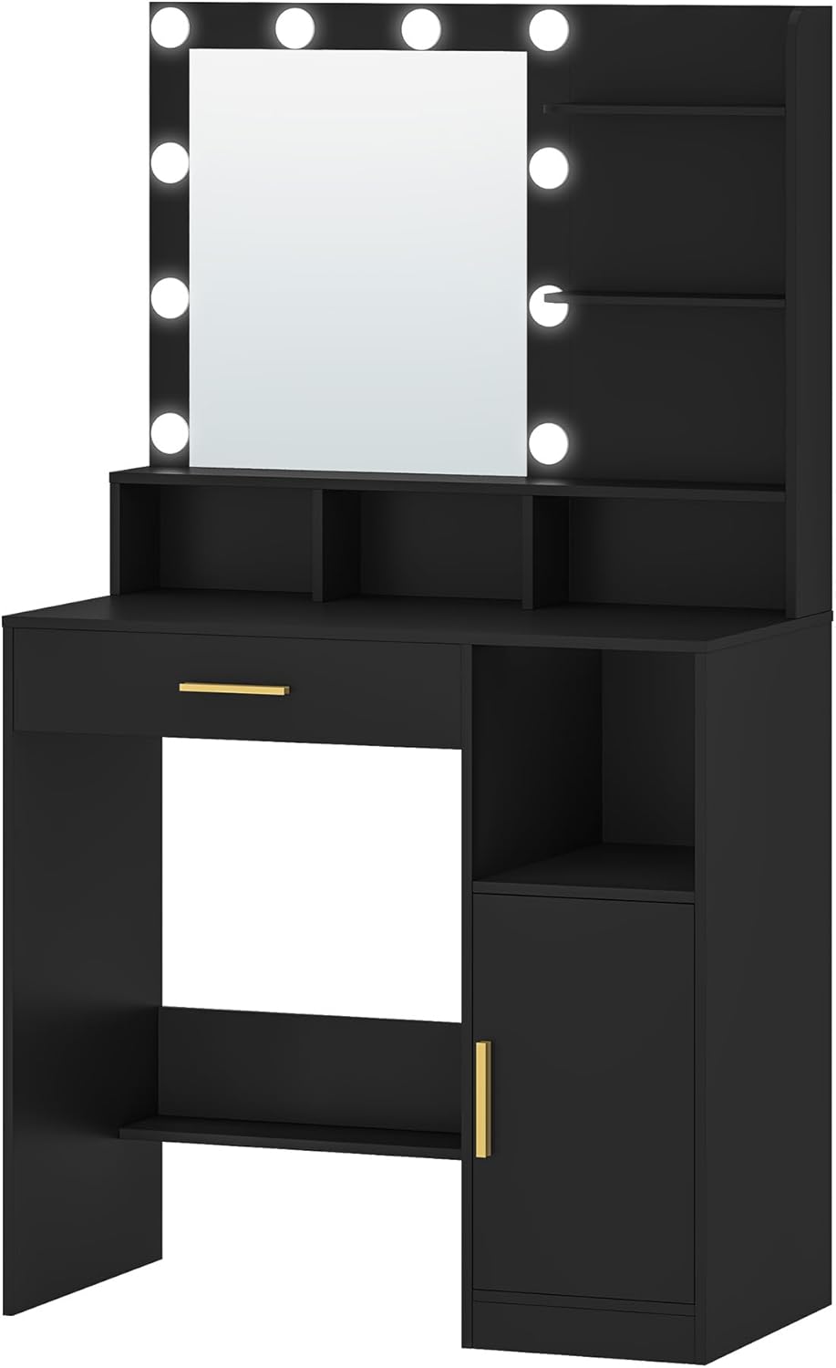 Hzuaneri Dressing Table with Mirror and 10 Led Lighting, with 3 Shelves & 4 Open Compartments, Dressing Table with Large Drawer & Cabinet, 3 Adjustable Luminosity, BlackVT08106X