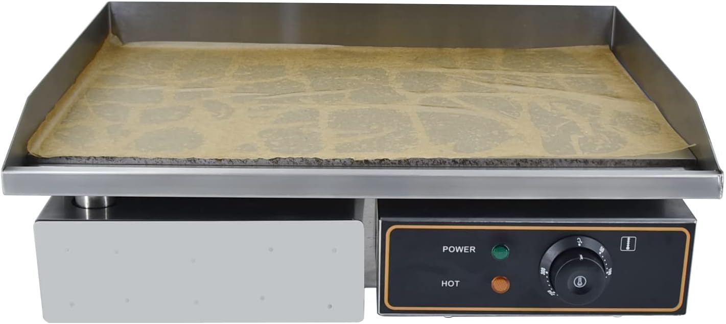 Elektrische grillplaat van gietijzer, 220-240 V, 3000 W, 55 cm × 35,5 cm, thermostaatbediening van 50 tot 300 °C, 18,5 kg spatbescherming, roestvrij staal