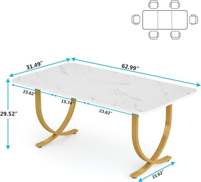 Tribesigns Rectangular Dining Table for 4 to 6, 160cm White and Gold Modern Kitchen Table with Faux Marble Tabletop and Metal Legs for Dining Room, Kitchen or Living Room