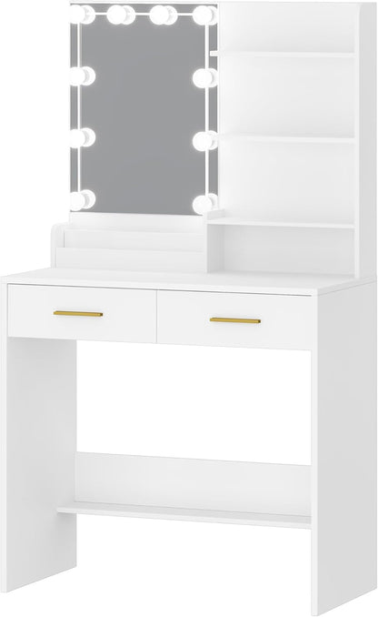 Hzuaneri Dressing Table with Mirror and 10 LED Lighting, Makeup Table with 4 Open Storage Shelves and 2 Compartments, Dressing Table with 2 Drawers, for Bedroom, Living Room, White DT39203XV1