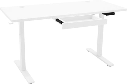 Electric Standing Desk 140 x 60cm White Height Adjustable Ergonomic Sit-to-Stand Computer Workstation Built-in Drawer USB A&C Charging Cable Pocket Hook Office Table Timer Smart Control Panel - QUORE
