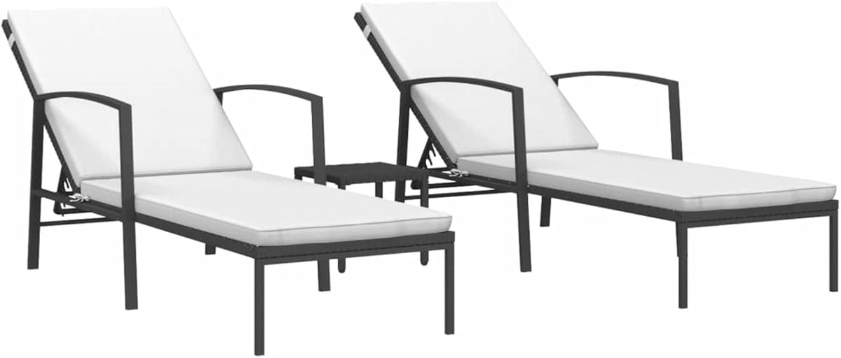 Sun loungers with table, 2 pieces, outdoor garden chairs, sun lounger for patio, beach chair, hammocks and sun loungers for garden, poly rattan, black - QUORE
