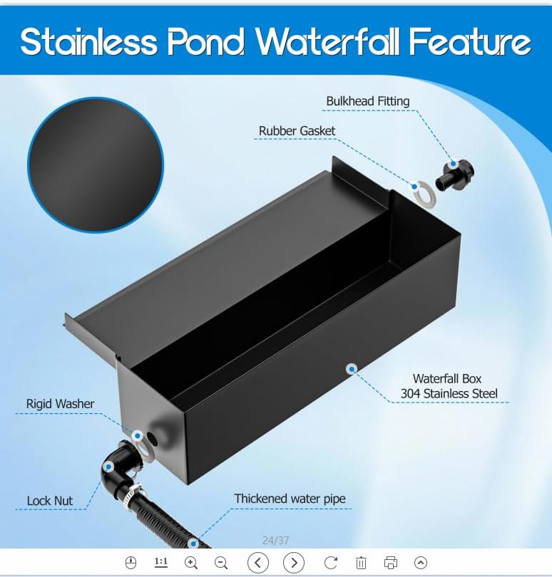 Biling 70 W Solar vijver watervalset, 30 cm roestvrijstalen overloop vijverpomp waterval en duurzame buisdecoratie voor koivijver, zwembad, beekloop, tuinvijver, terras, doe-het-zelf siervijver