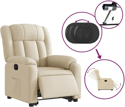 Relaxstoel Met Opstahulp – Elektrische Relaxstoel – Tv-Stoel Met Ligfunctie – Enkele Ligstoel – Relaxstoel Voor Woonkamer – Crèmestof Bekleding – Elektrisch Kantelsysteem – Max 135° Ligfunctie