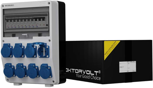 Stroomverdeler IP54 TD-S/FI met 8 x 230 Mennekes stopcontacten, wandverdeler, stekkerverdeler, bouwstroomverdeler, doktervolt