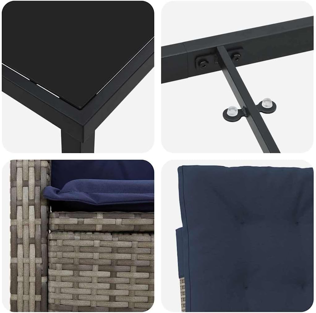 vidaXL Set of 2 Adjustable Garden Chairs - Grey Poly Rattan Armchairs with Cushions and Adjustable Backrest - Navy Blue - Comfortable Outdoor Chairs for Table - Perfect for Your Garden or Patio - QUORE